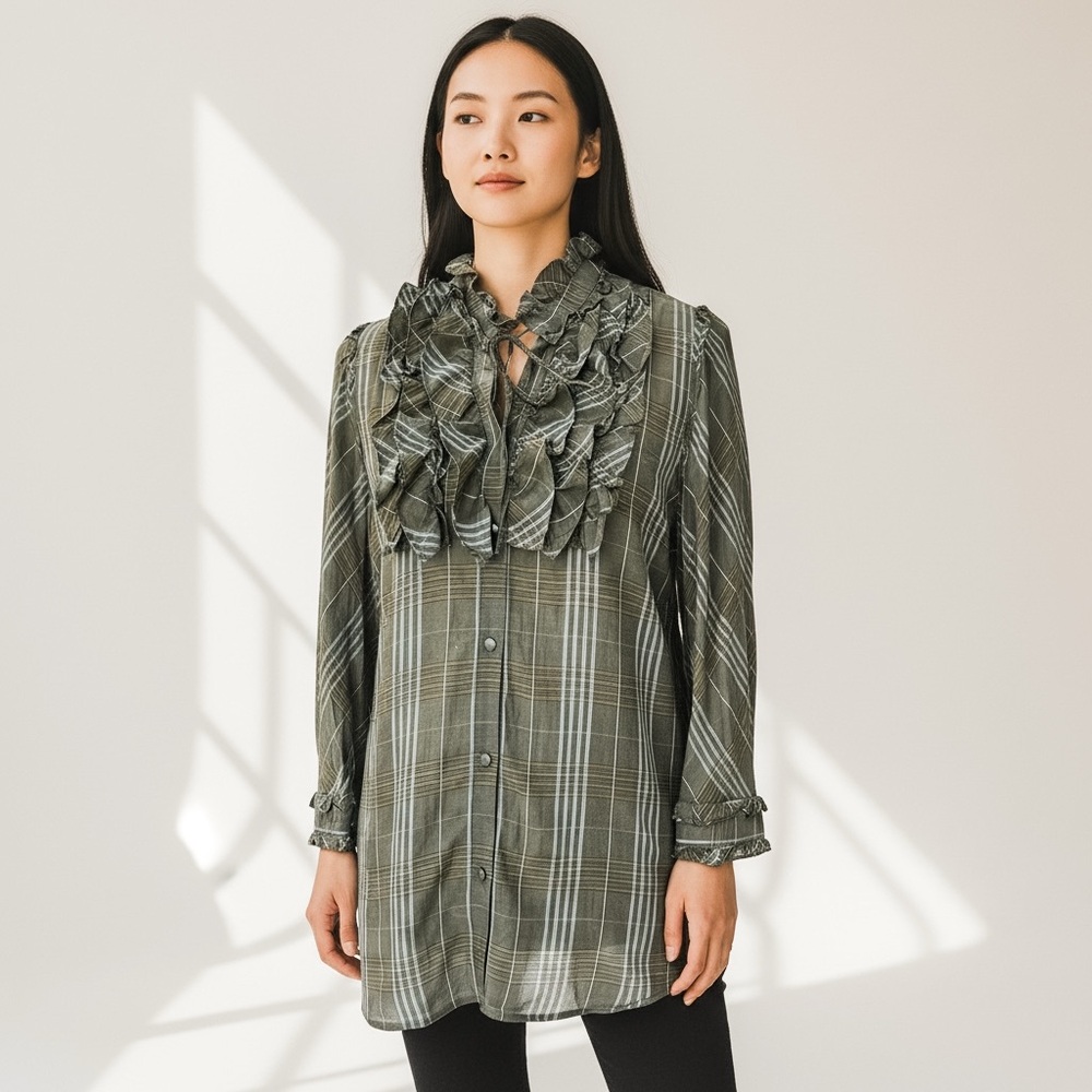 Gap Ruffled Plaid Button-Down Cotton Silk Blend Blouse in Olive